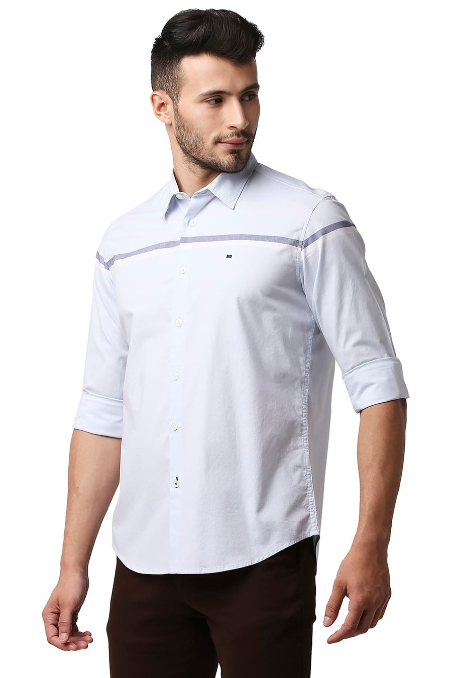 BASICS SLIM FIT ILLUSION BLUE OXFORD ENGINEERING WEFT STRIPE SHIRT