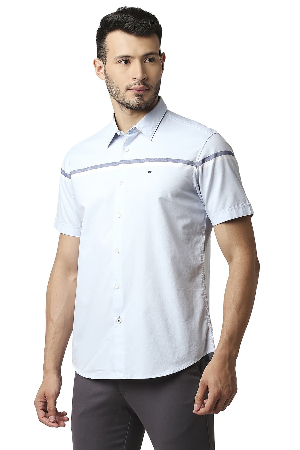 BASICS SLIM FIT OXFORD ENGINEERING WEFT STRIPE HALFSLEEVES SHIRT