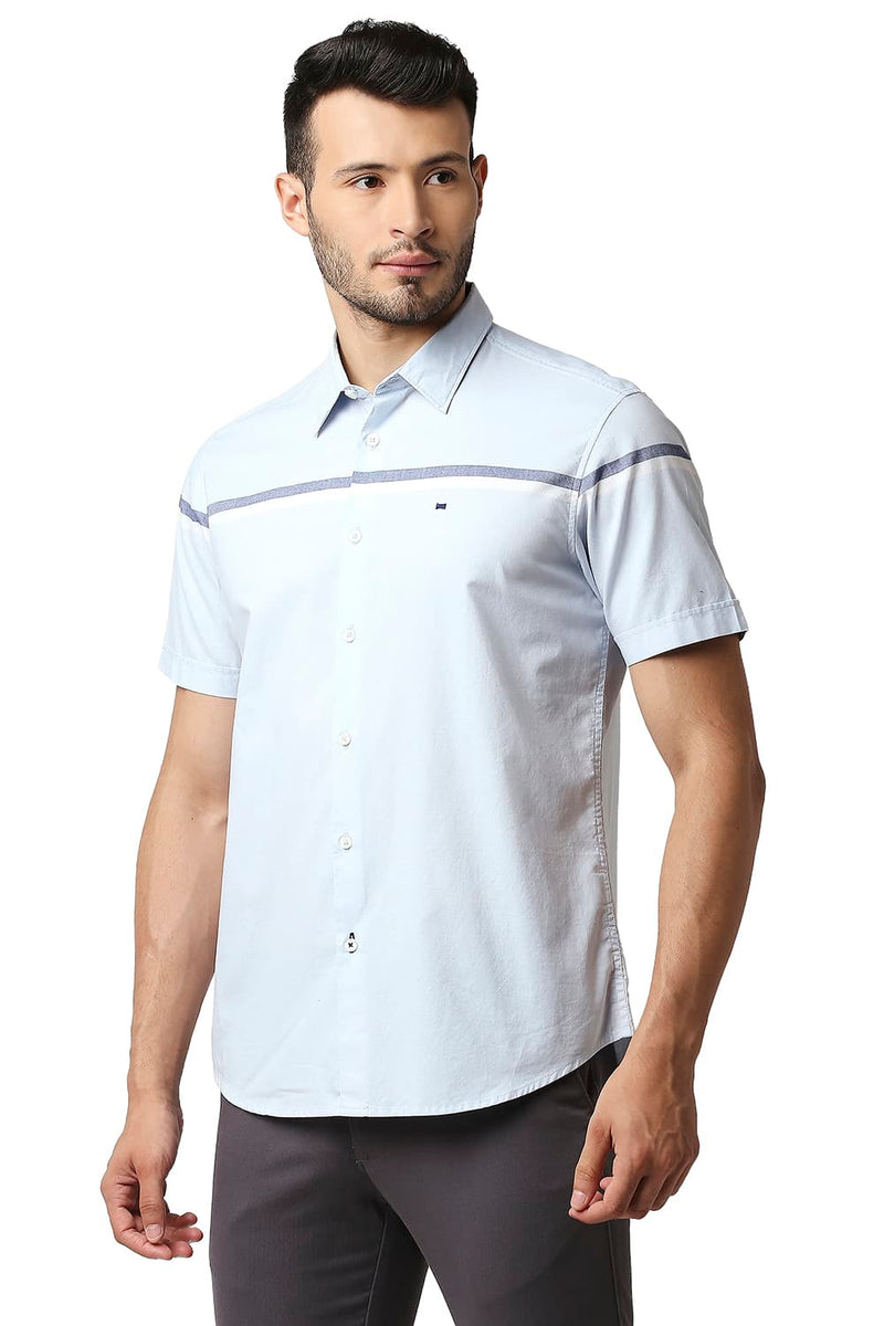 BASICS SLIM FIT OXFORD ENGINEERING WEFT STRIPE HALFSLEEVES SHIRT