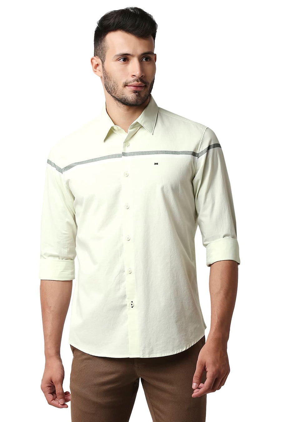 BASICS SLIM FIT TENDER GREEN OXFORD ENGINEERING WEFT STRIPE SHIRT