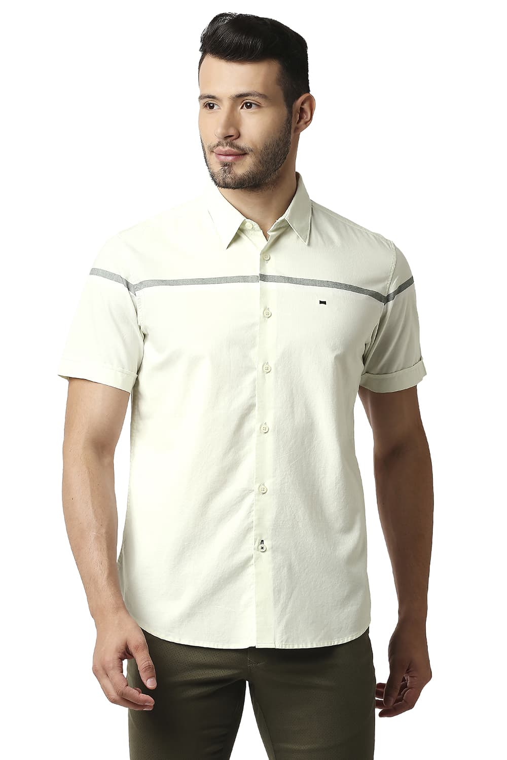 BASICS SLIM FIT OXFORD ENGINEERING WEFT STRIPE HALFSLEEVES SHIRT