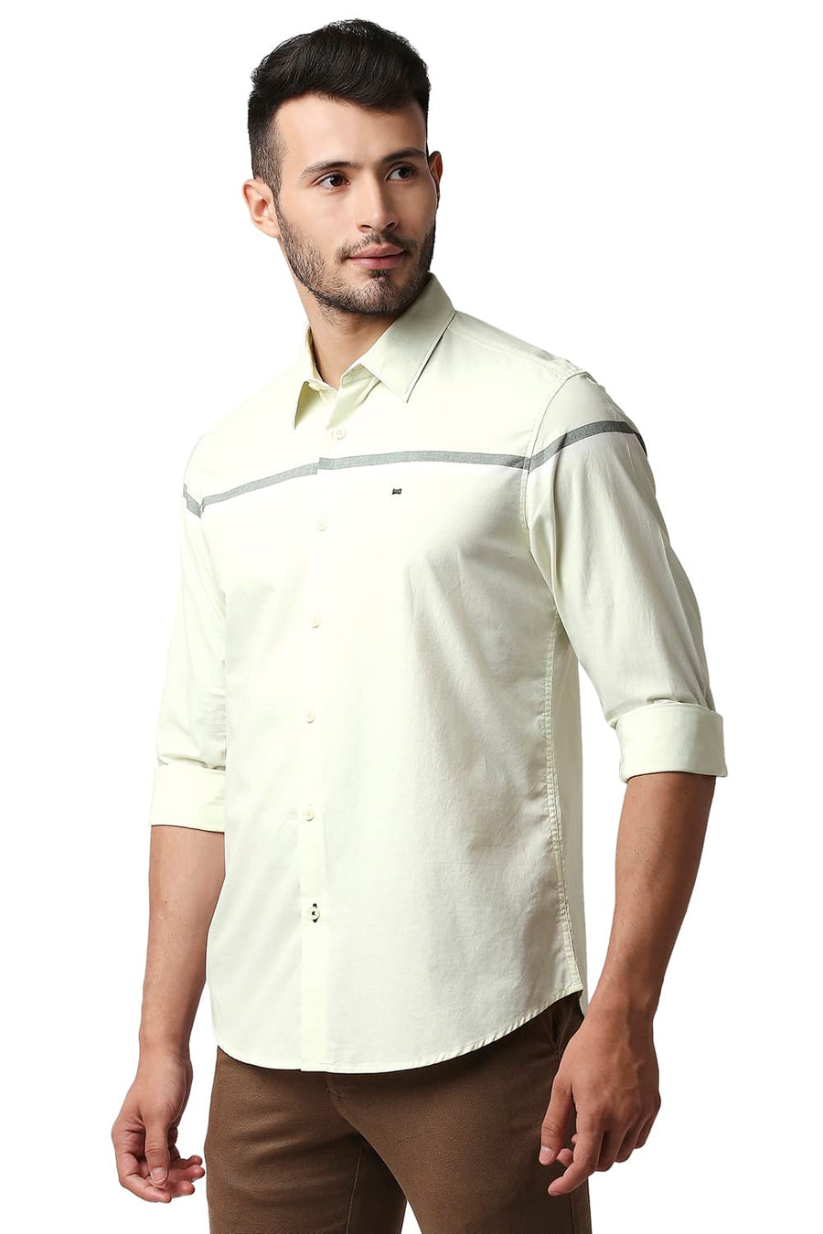 BASICS SLIM FIT TENDER GREEN OXFORD ENGINEERING WEFT STRIPE SHIRT