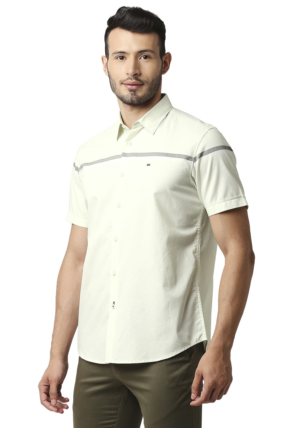 BASICS SLIM FIT OXFORD ENGINEERING WEFT STRIPE HALFSLEEVES SHIRT