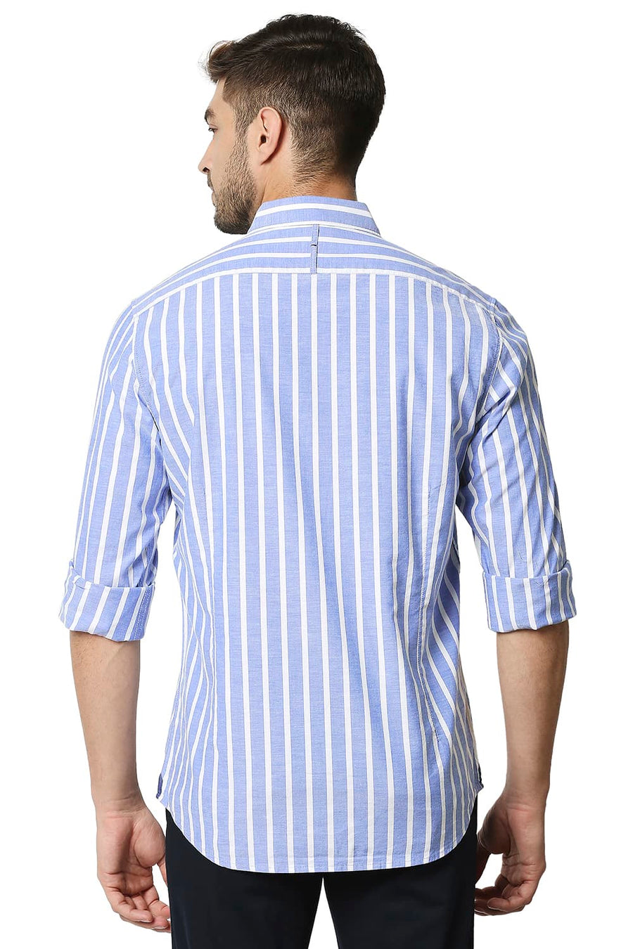 BASICS SLIM FIT ENGLISH MANOR BLUE OXFORD STRIPE SHIRT