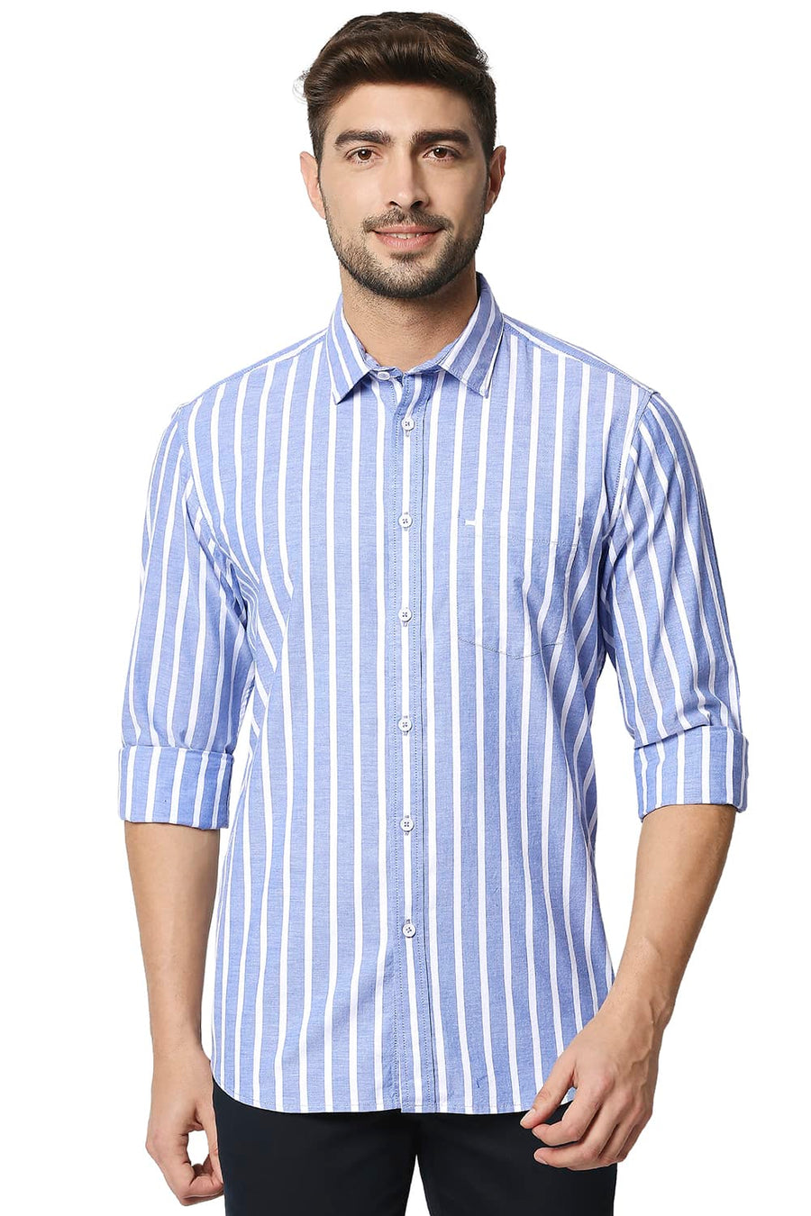 BASICS SLIM FIT ENGLISH MANOR BLUE OXFORD STRIPE SHIRT