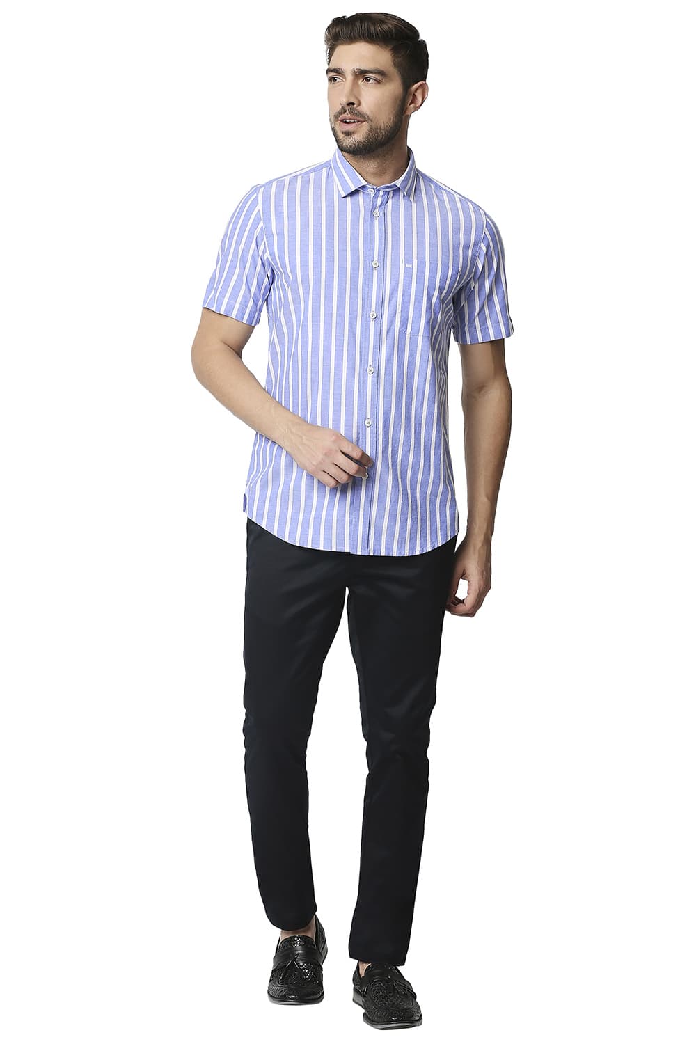 BASICS SLIM FIT OXFORD STRIPE HALFSLEEVES SHIRT