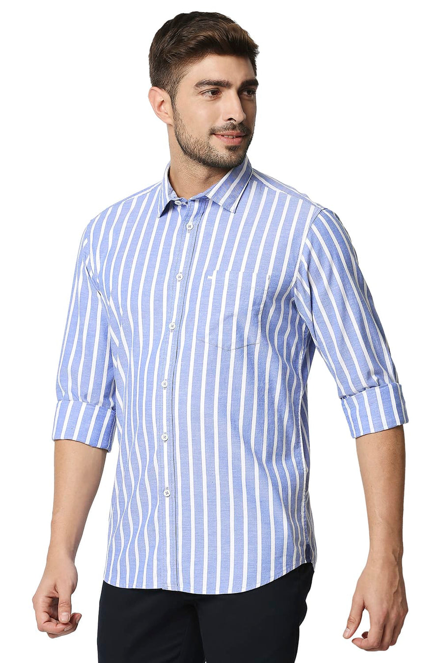 BASICS SLIM FIT ENGLISH MANOR BLUE OXFORD STRIPE SHIRT