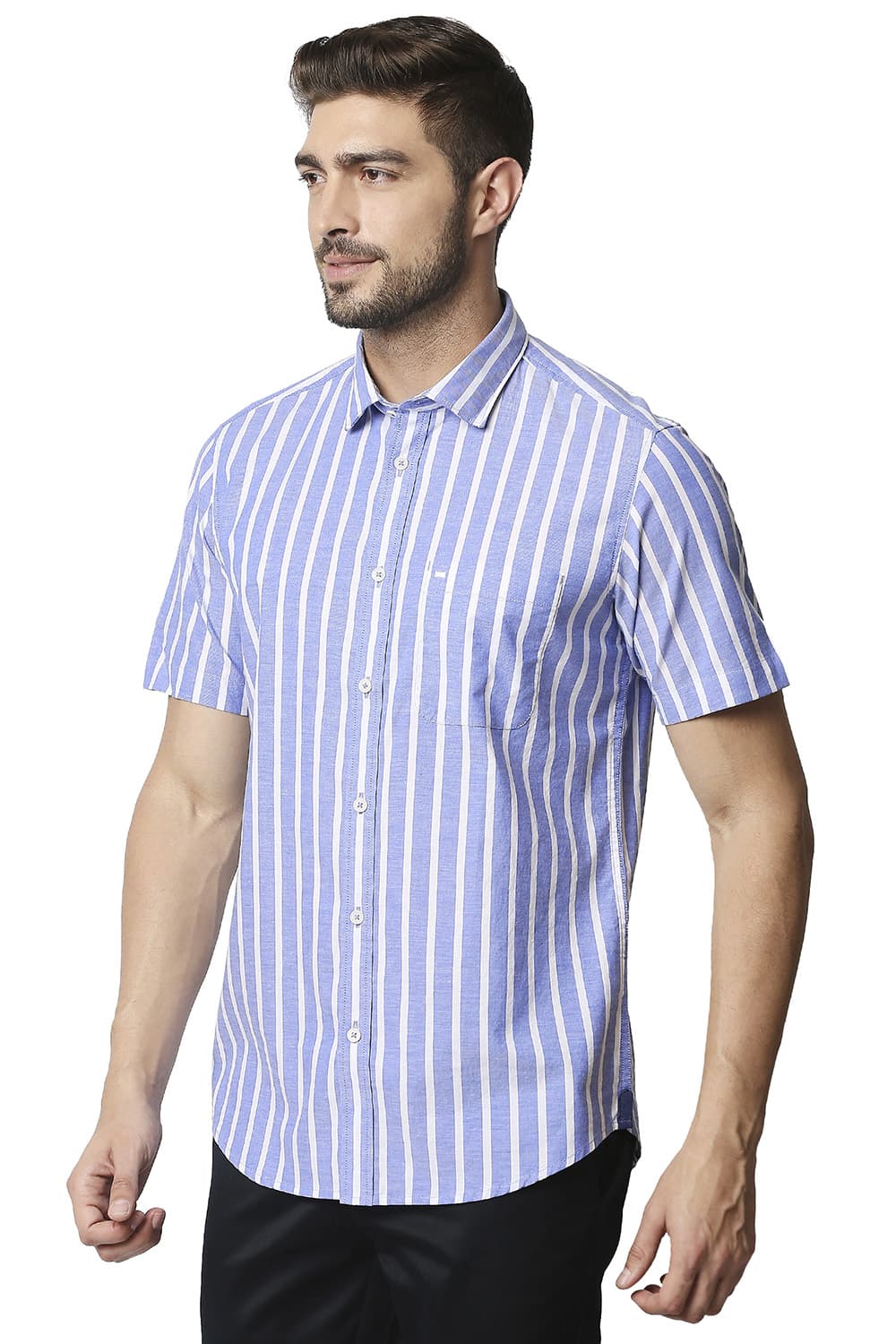 BASICS SLIM FIT OXFORD STRIPE HALFSLEEVES SHIRT