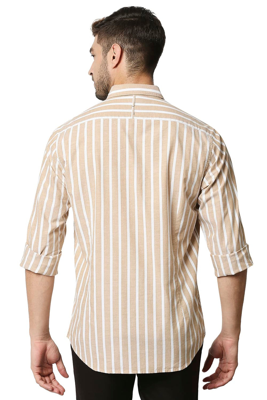 BASICS SLIM FIT SAND BROWN OXFORD STRIPE SHIRT