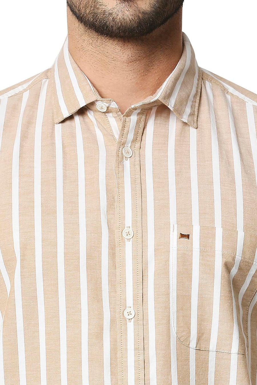 BASICS SLIM FIT SAND BROWN OXFORD STRIPE SHIRT