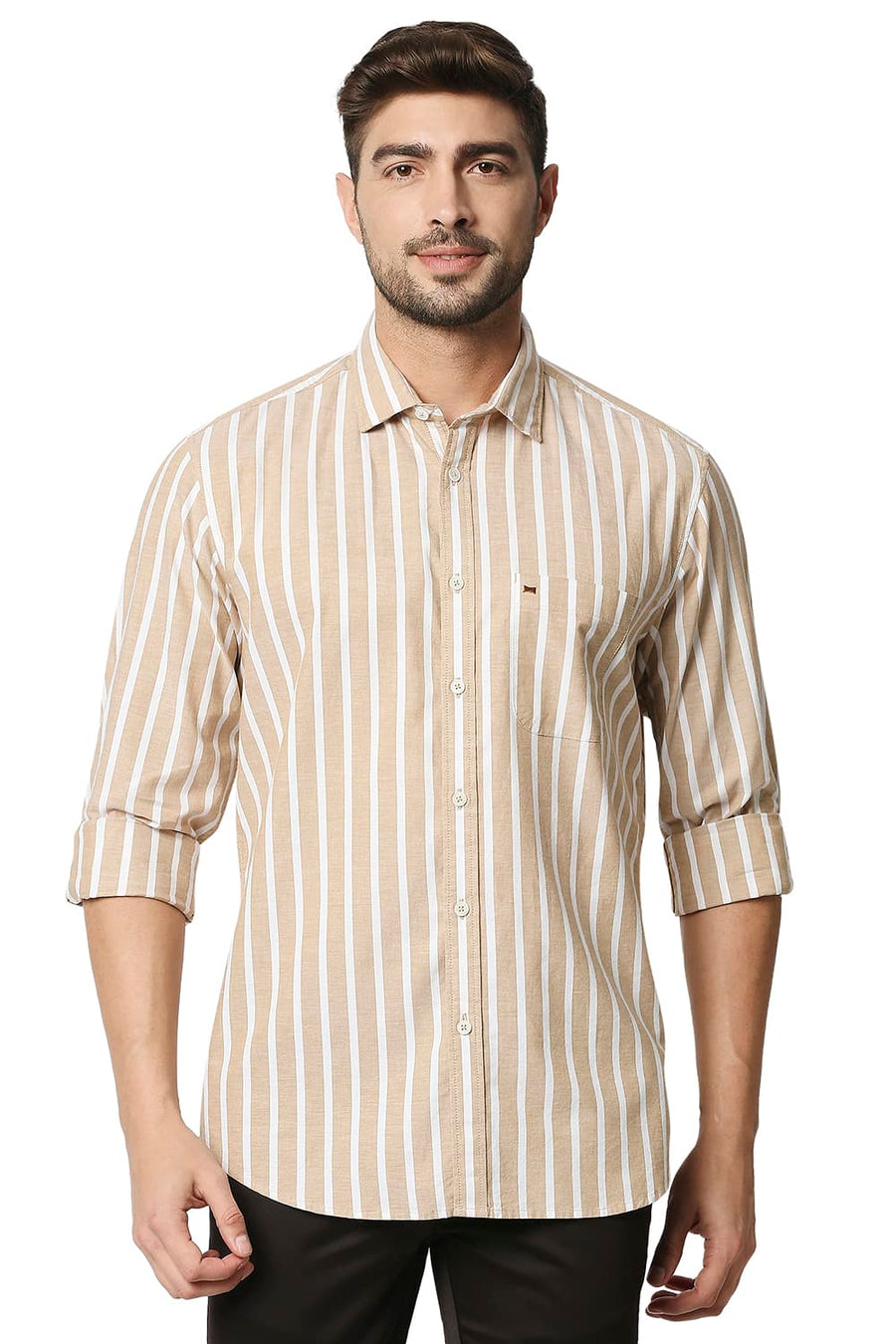 BASICS SLIM FIT SAND BROWN OXFORD STRIPE SHIRT