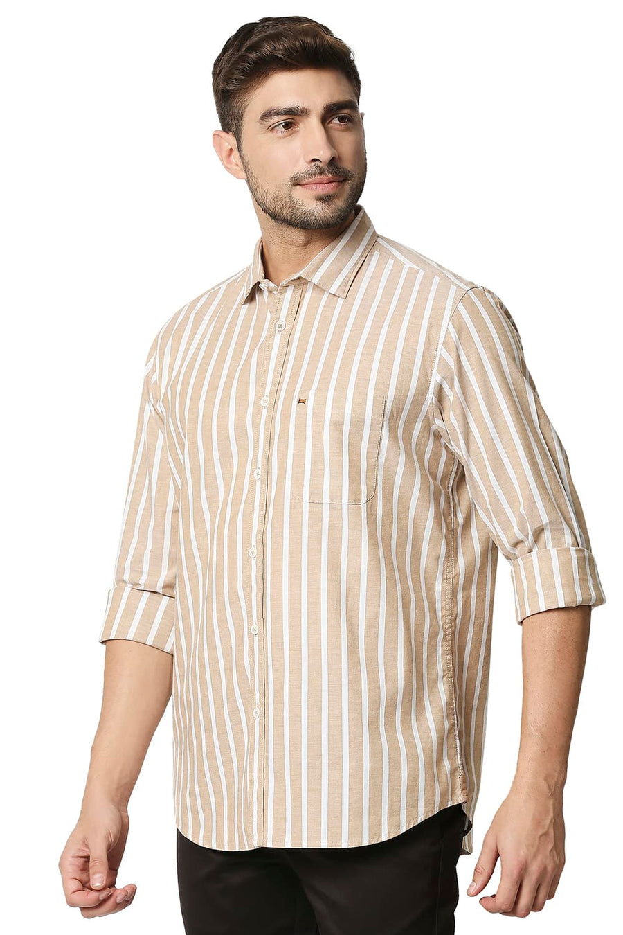 BASICS SLIM FIT SAND BROWN OXFORD STRIPE SHIRT