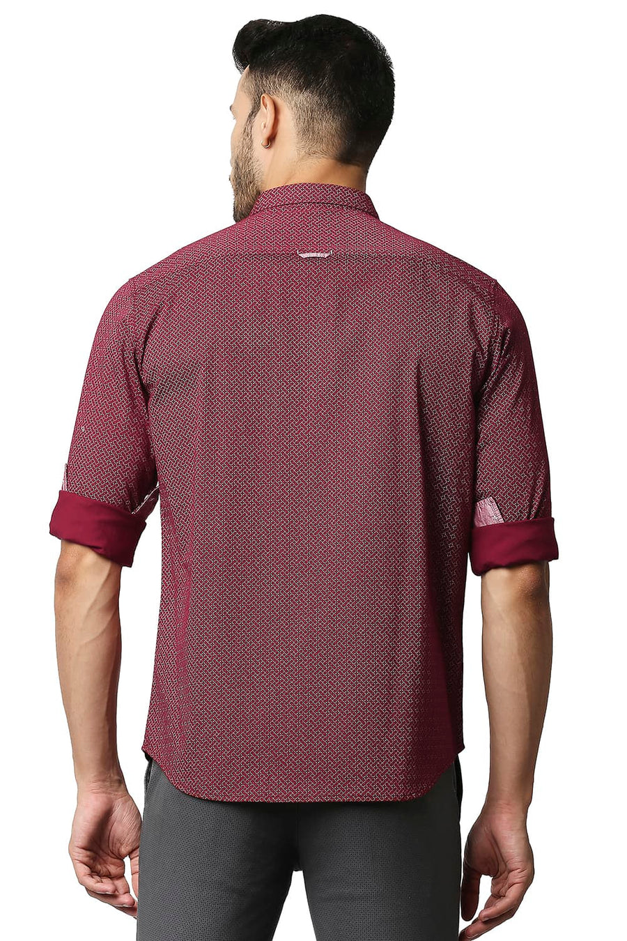 BASICS SLIM FIT CABERNET RED TWILL STRETCH PRINTED SHIRT