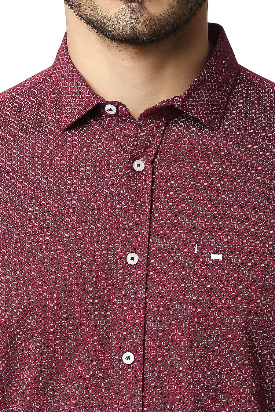 BASICS SLIM FIT CABERNET RED TWILL STRETCH PRINTED SHIRT