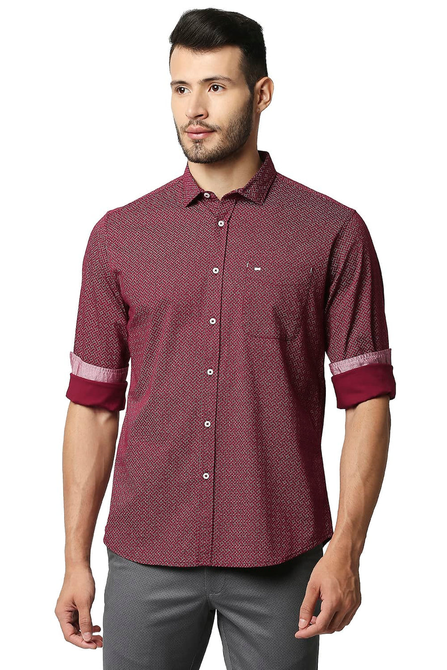 BASICS SLIM FIT CABERNET RED TWILL STRETCH PRINTED SHIRT