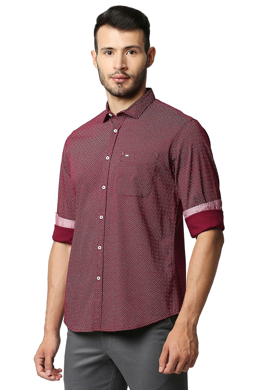 BASICS SLIM FIT CABERNET RED TWILL STRETCH PRINTED SHIRT