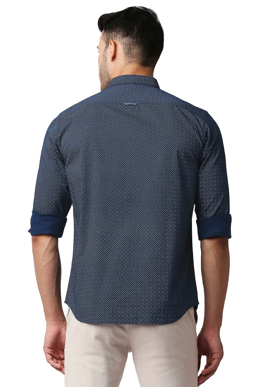BASICS SLIM FIT NAVY MOOD TWILL STRETCH PRINTED SHIRT