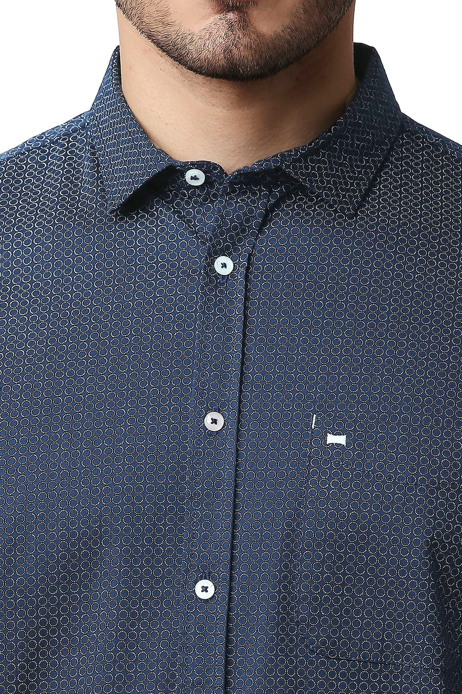 BASICS SLIM FIT NAVY MOOD TWILL STRETCH PRINTED SHIRT