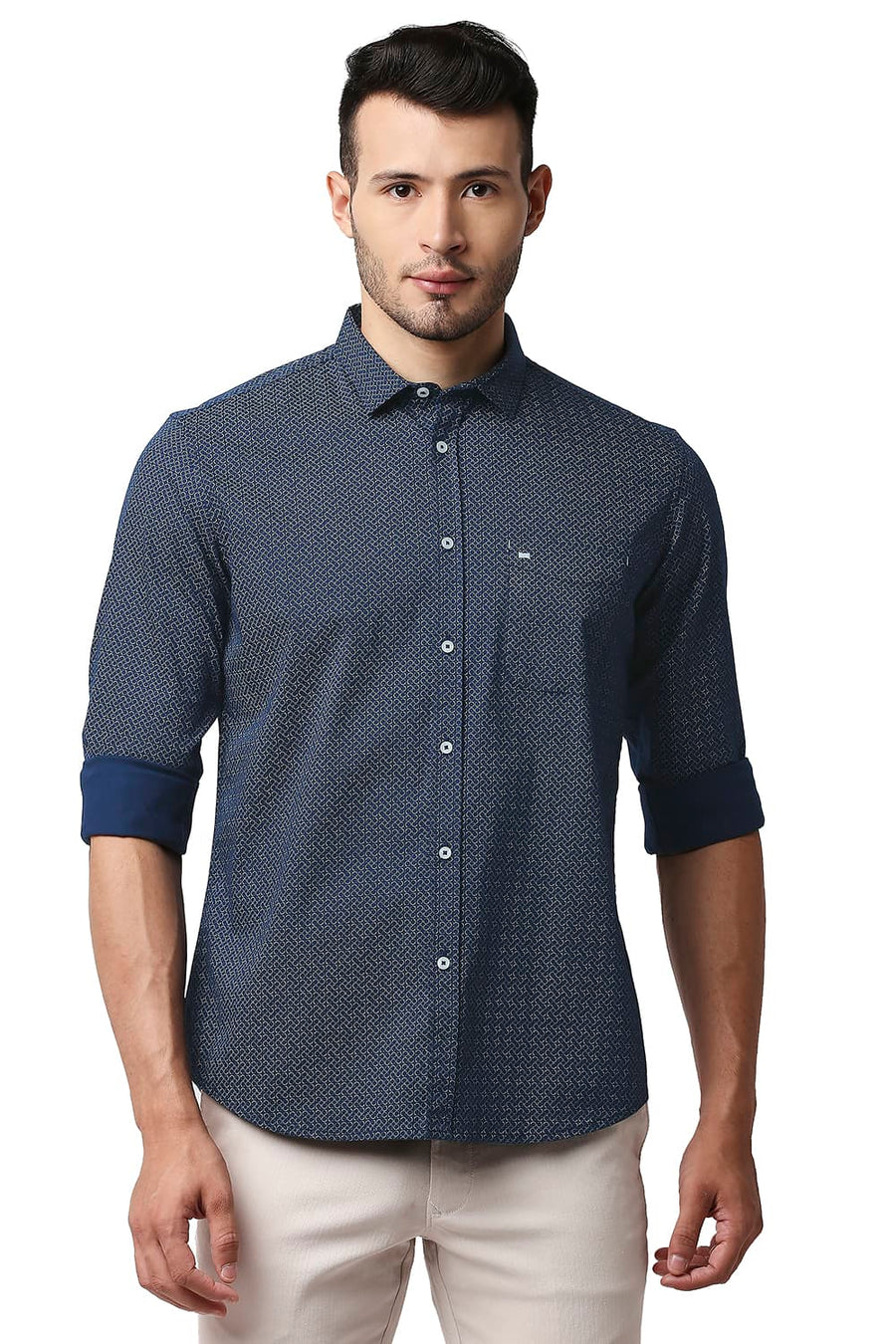BASICS SLIM FIT NAVY MOOD TWILL STRETCH PRINTED SHIRT