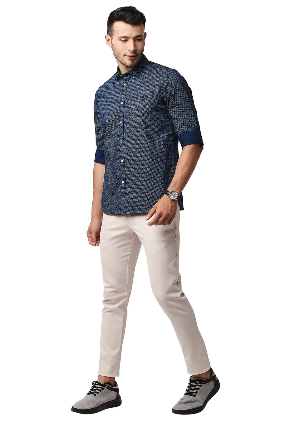 BASICS SLIM FIT NAVY MOOD TWILL STRETCH PRINTED SHIRT