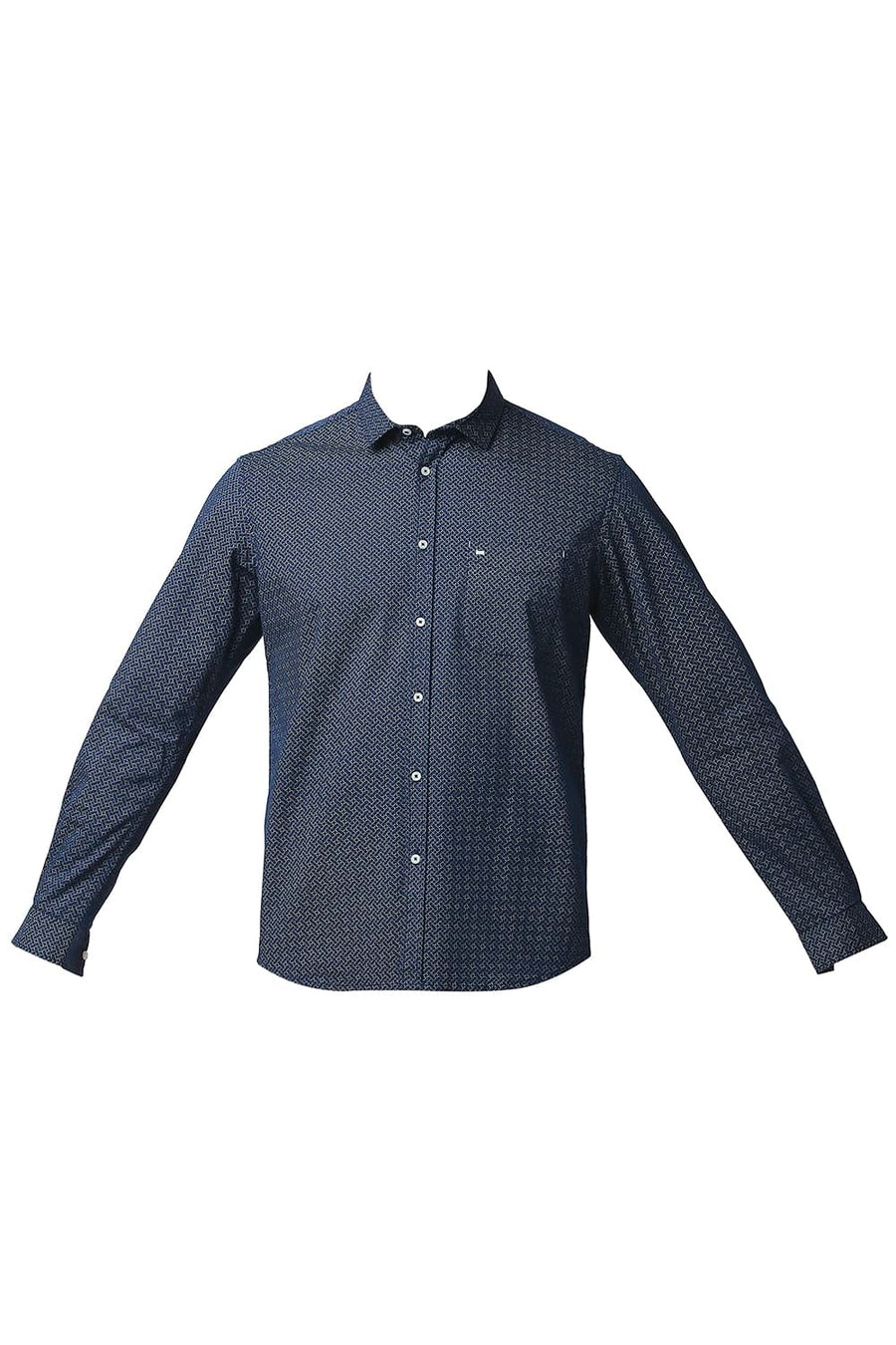 BASICS SLIM FIT NAVY MOOD TWILL STRETCH PRINTED SHIRT