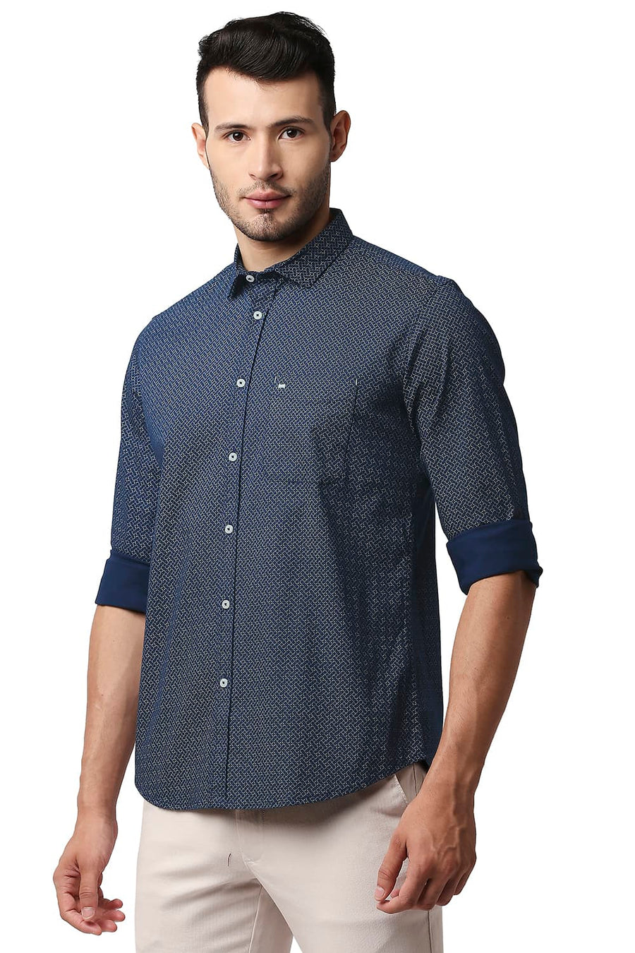 BASICS SLIM FIT NAVY MOOD TWILL STRETCH PRINTED SHIRT