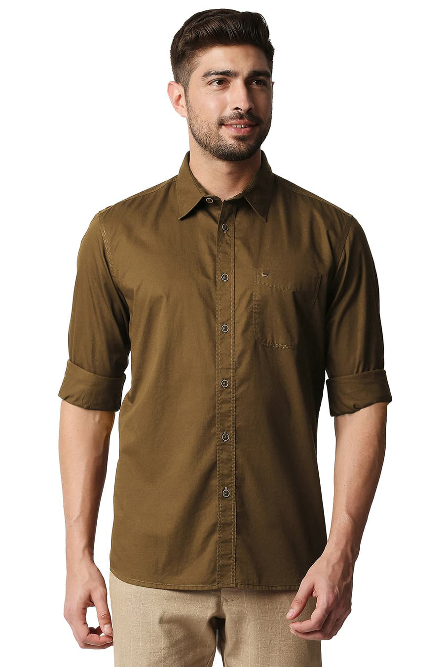 BASICS SLIM FIT TOFFEE KHAKI TWILL SHIRT