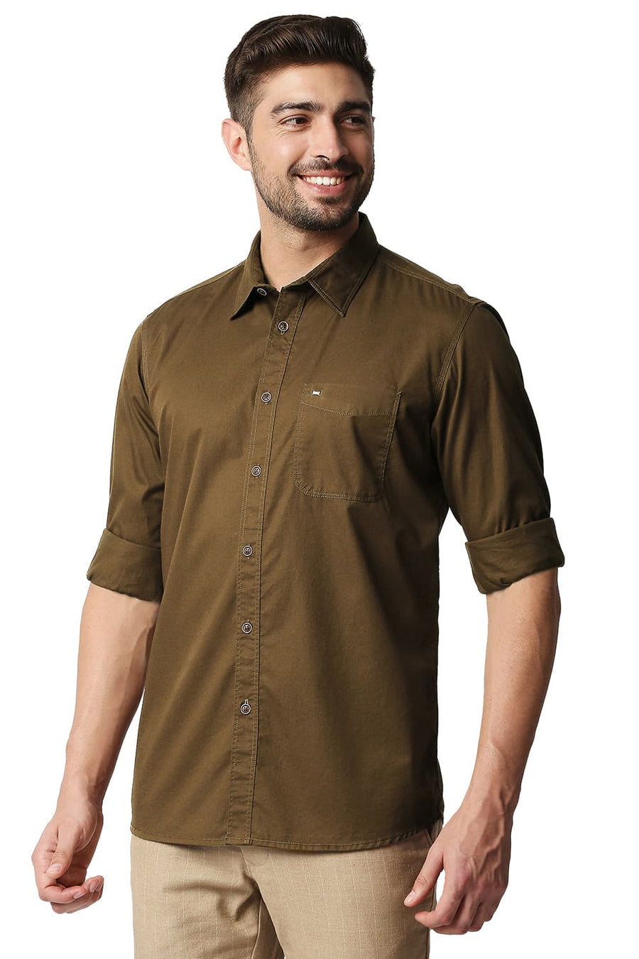 BASICS SLIM FIT TOFFEE KHAKI TWILL SHIRT