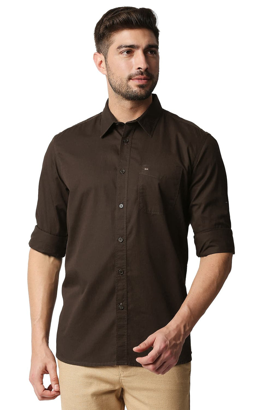 BASICS SLIM FIT BEAN BROWN TWILL SHIRT