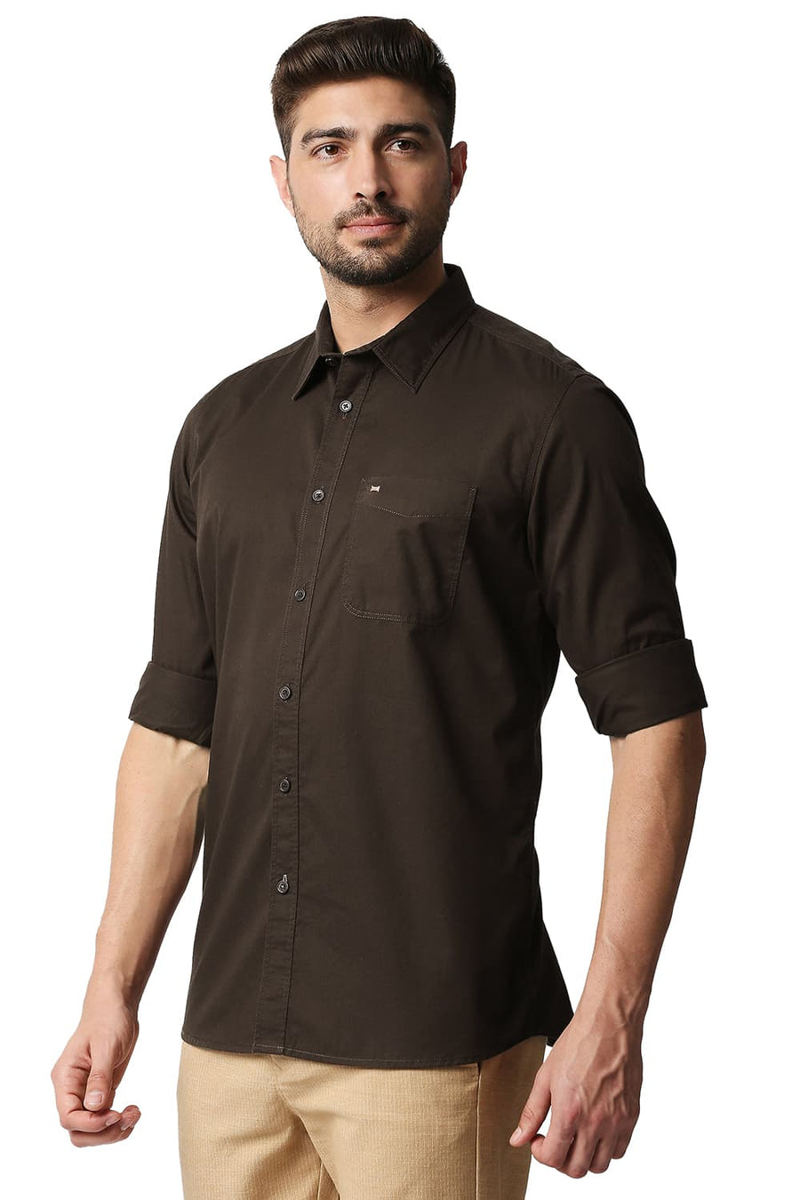 BASICS SLIM FIT BEAN BROWN TWILL SHIRT