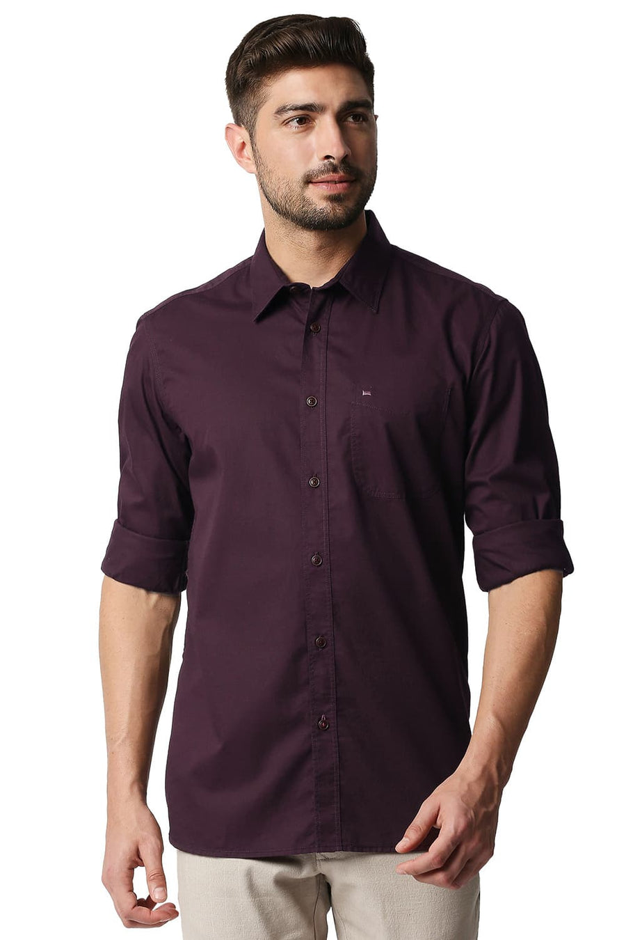 BASICS SLIM FIT FIG WINE TWILL SHIRT