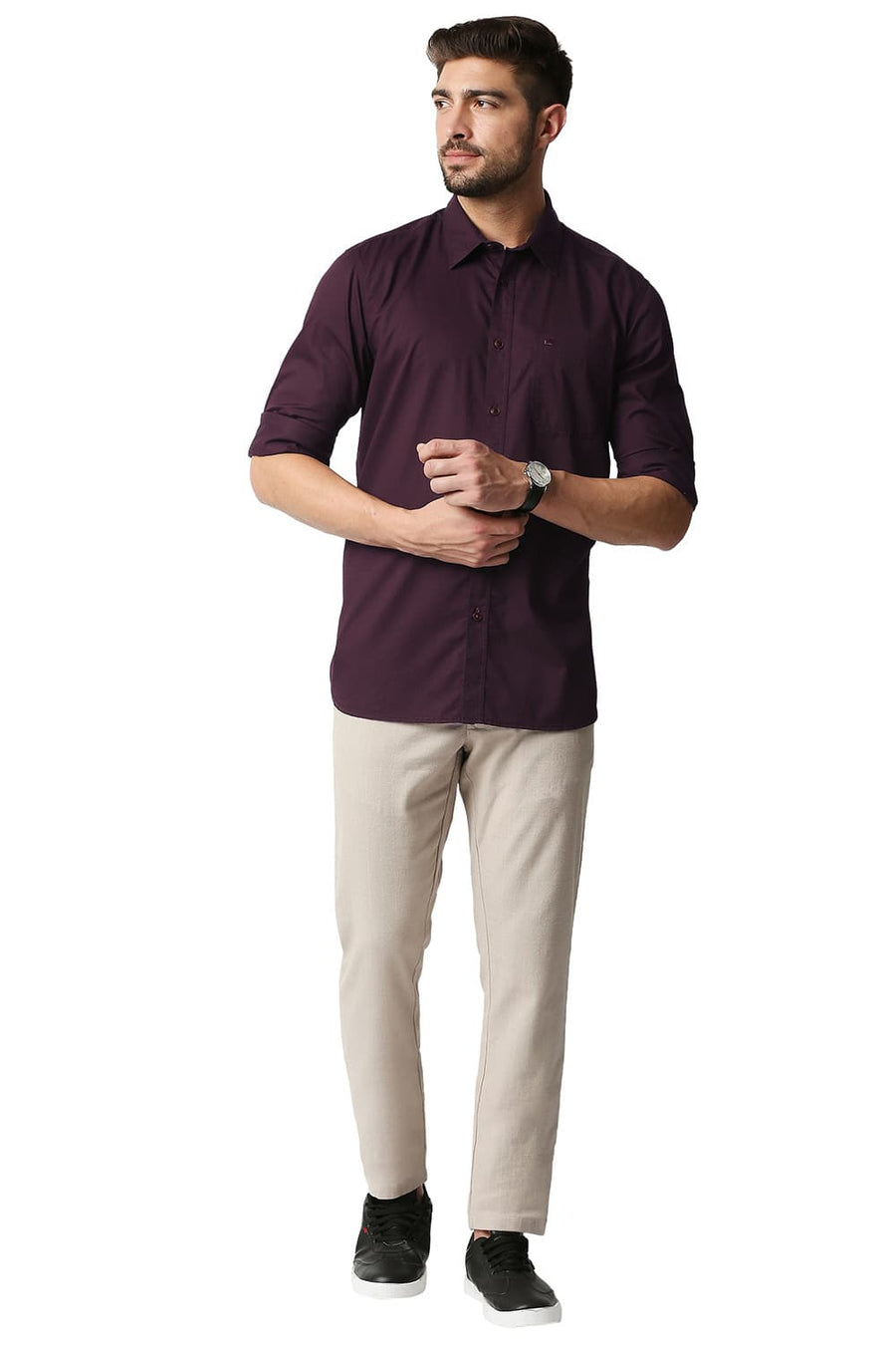 BASICS SLIM FIT FIG WINE TWILL SHIRT