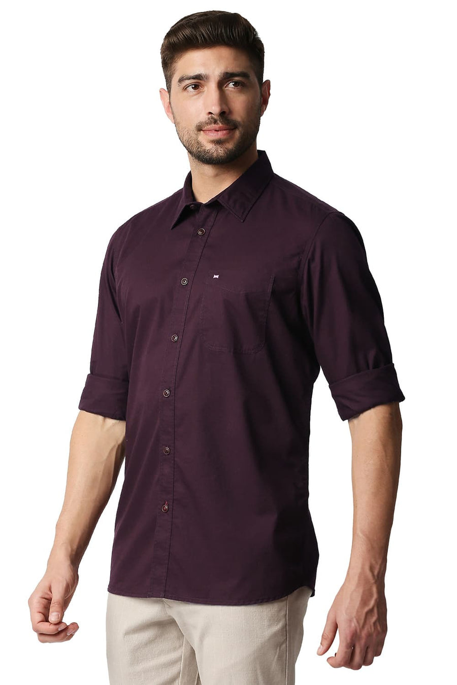 BASICS SLIM FIT FIG WINE TWILL SHIRT