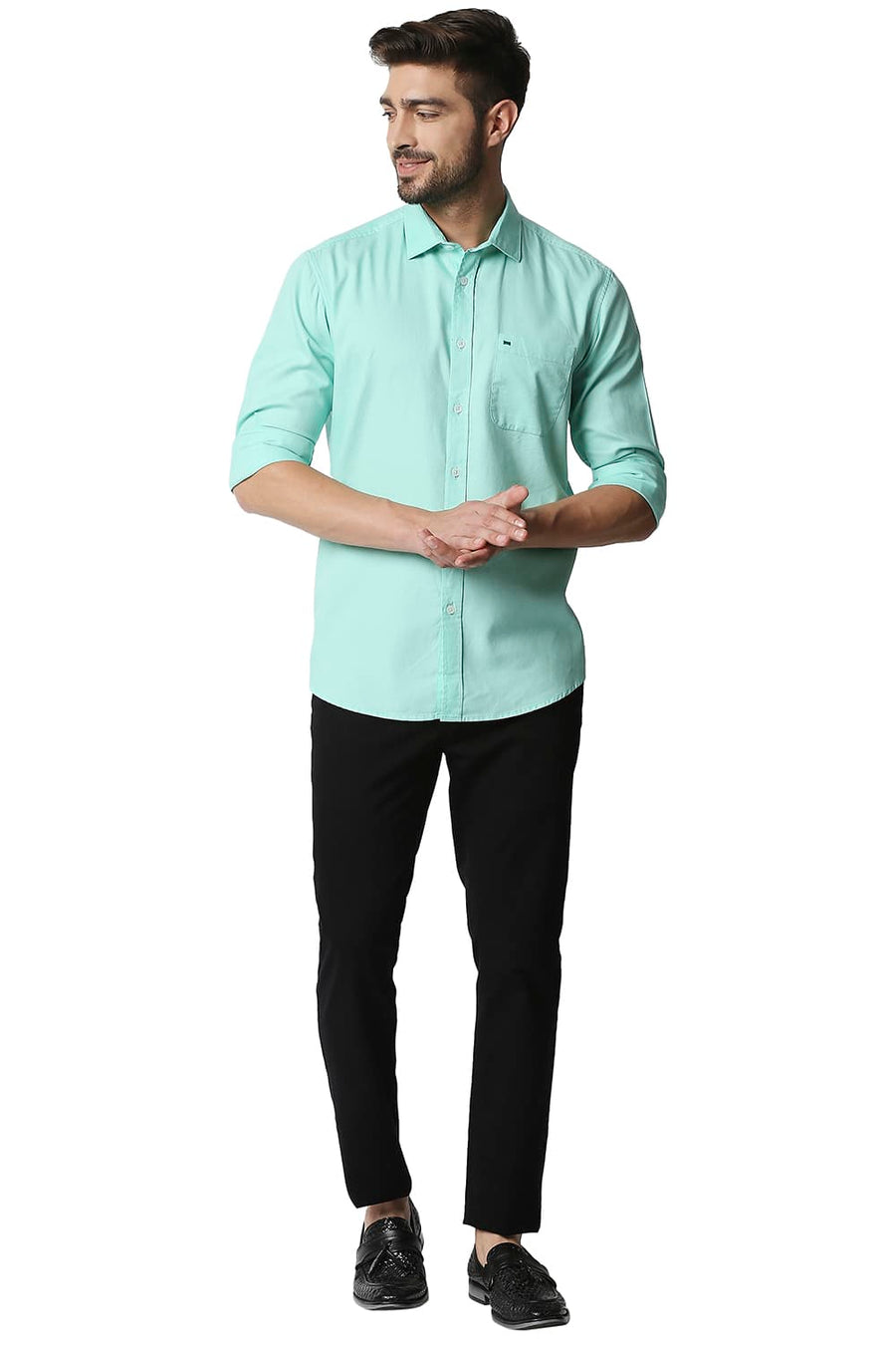 BASICS SLIM FIT OPAL GREEN DOBBY SHIRT