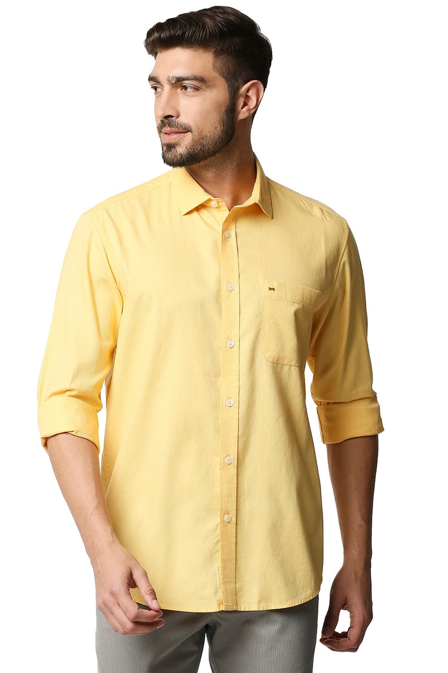 BASICS SLIM FIT SAMOAN YELLOW DOBBY SHIRT