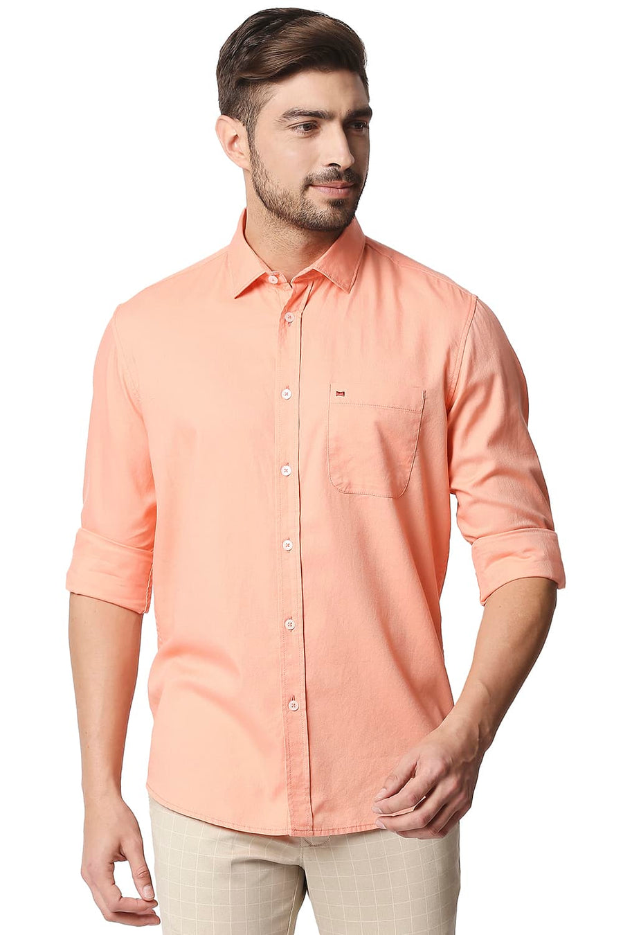 BASICS SLIM FIT FRESH SALMON ORANGE DOBBY SHIRT