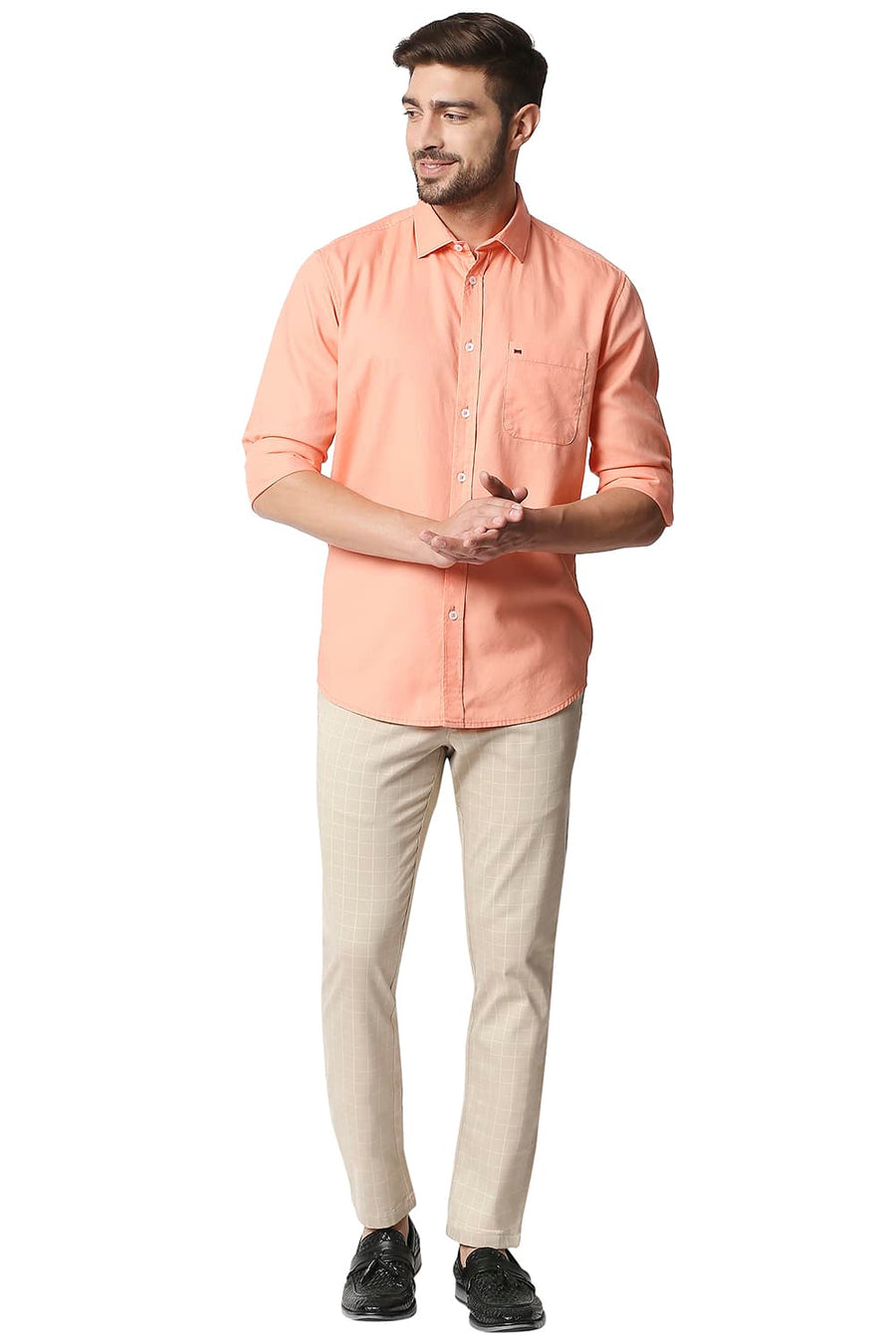 BASICS SLIM FIT FRESH SALMON ORANGE DOBBY SHIRT