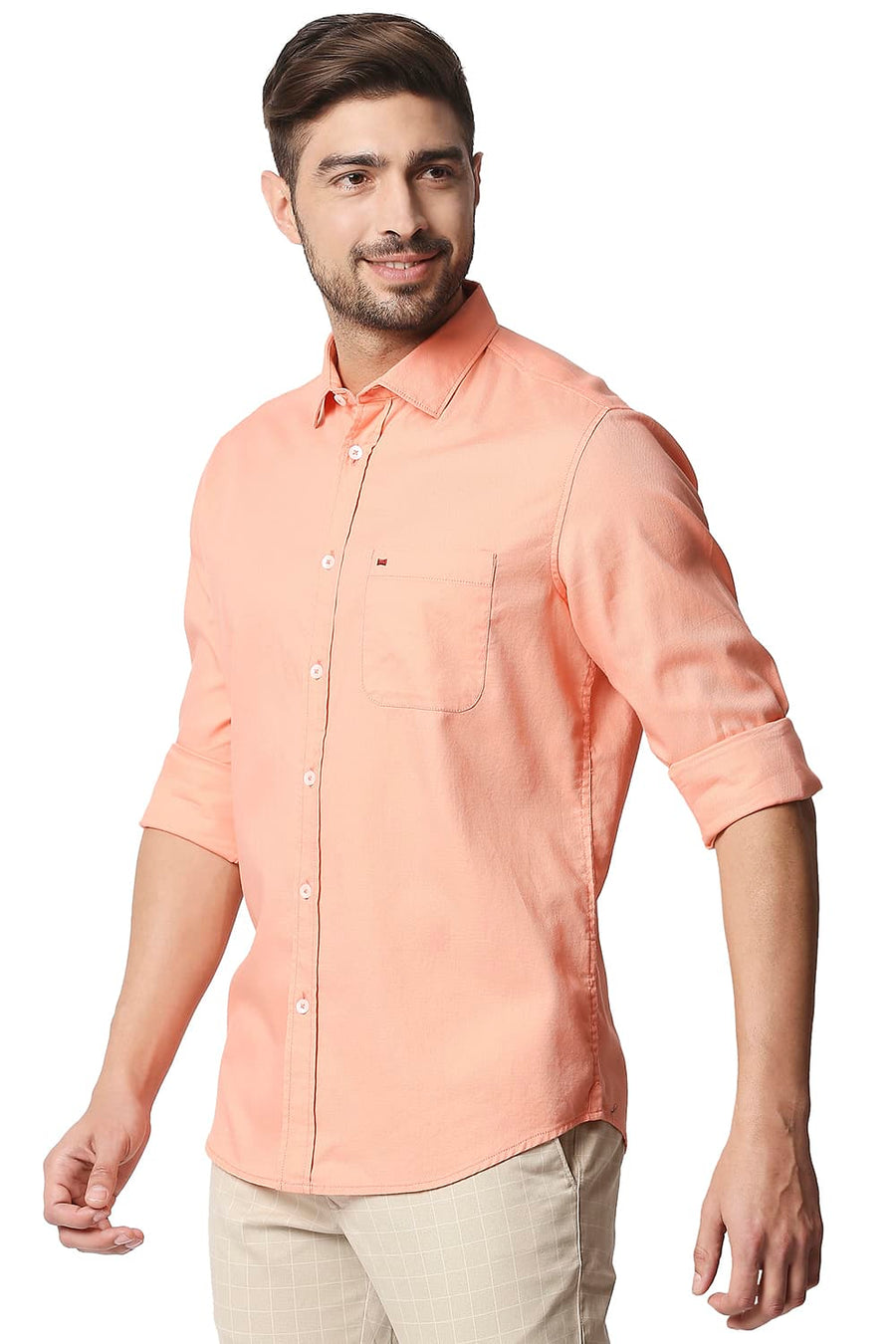 BASICS SLIM FIT FRESH SALMON ORANGE DOBBY SHIRT