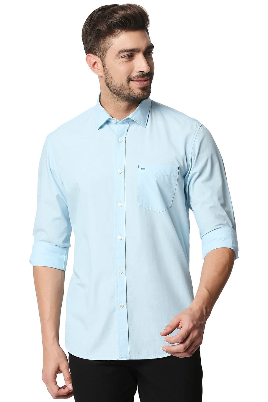 BASICS SLIM FIT CORYDALIS AQUA FIL-A-FIL SHIRT