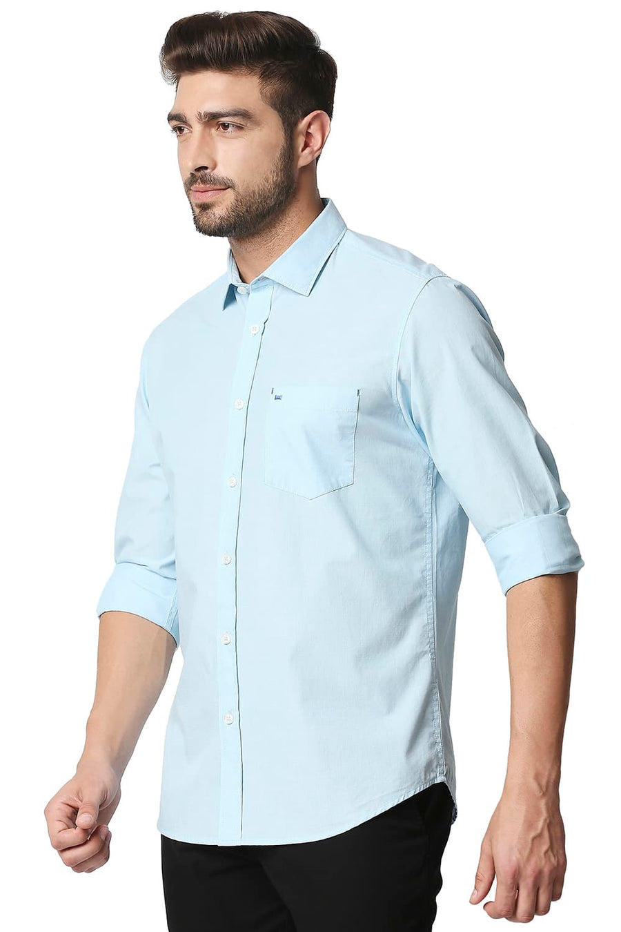 BASICS SLIM FIT CORYDALIS AQUA FIL-A-FIL SHIRT
