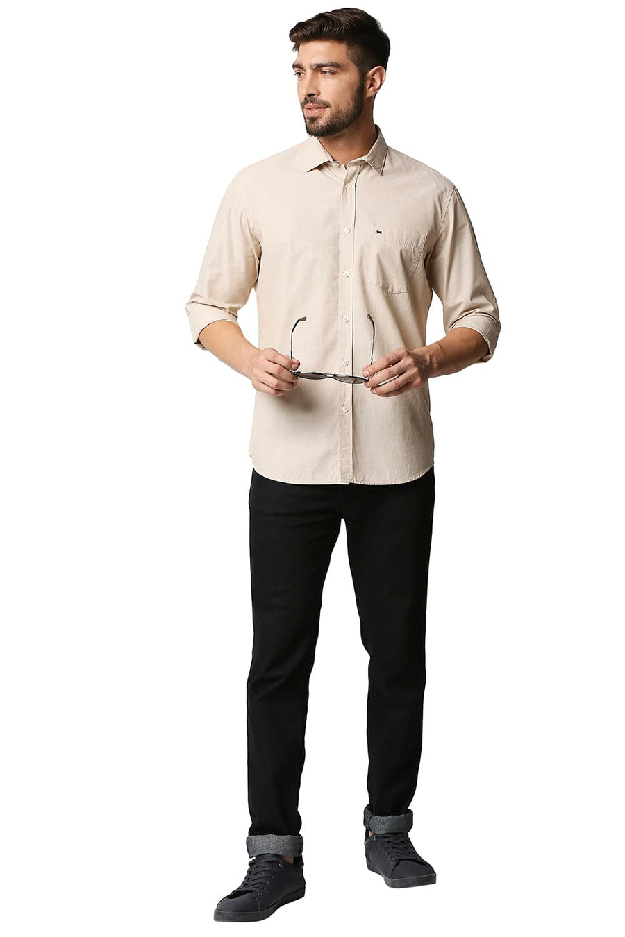 BASICS SLIM FIT TAPIOCA BEIGE FIL-A-FIL SHIRT