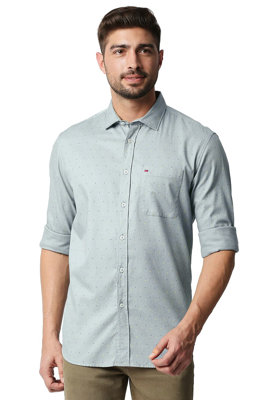 BASICS SLIM FIT QUARRY GREY DOBBY PRINTED SHIRT