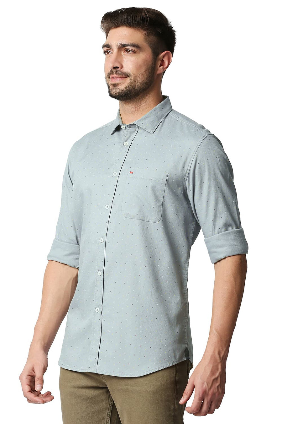 BASICS SLIM FIT QUARRY GREY DOBBY PRINTED SHIRT