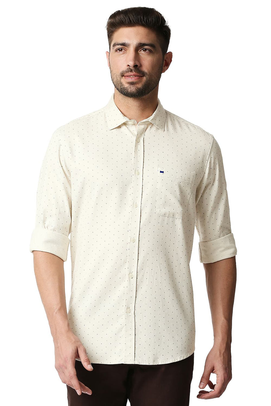 BASICS SLIM FIT CAP BEIGE DOBBY PRINTED SHIRT