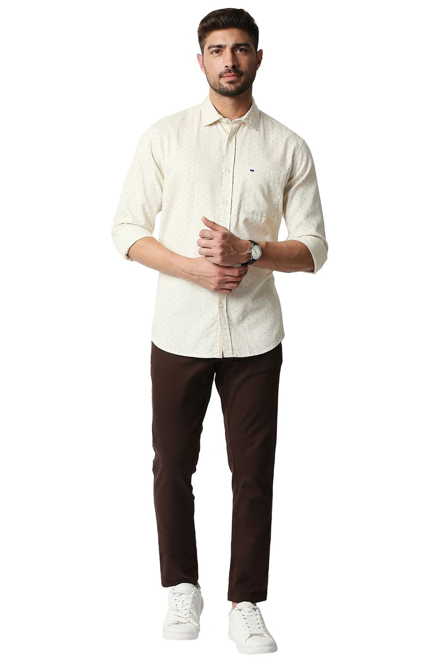 BASICS SLIM FIT CAP BEIGE DOBBY PRINTED SHIRT