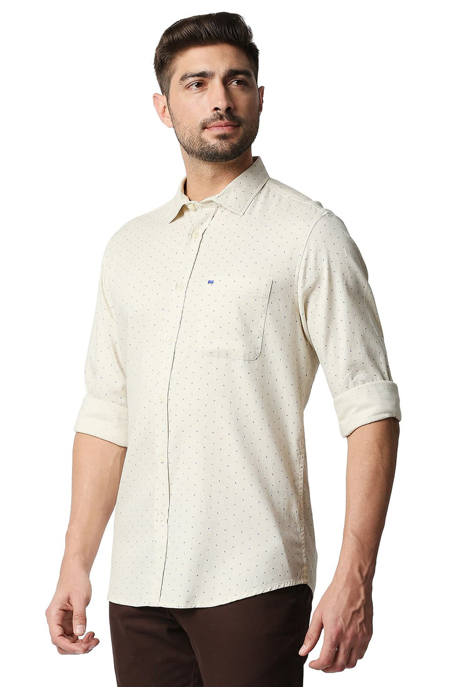 BASICS SLIM FIT CAP BEIGE DOBBY PRINTED SHIRT