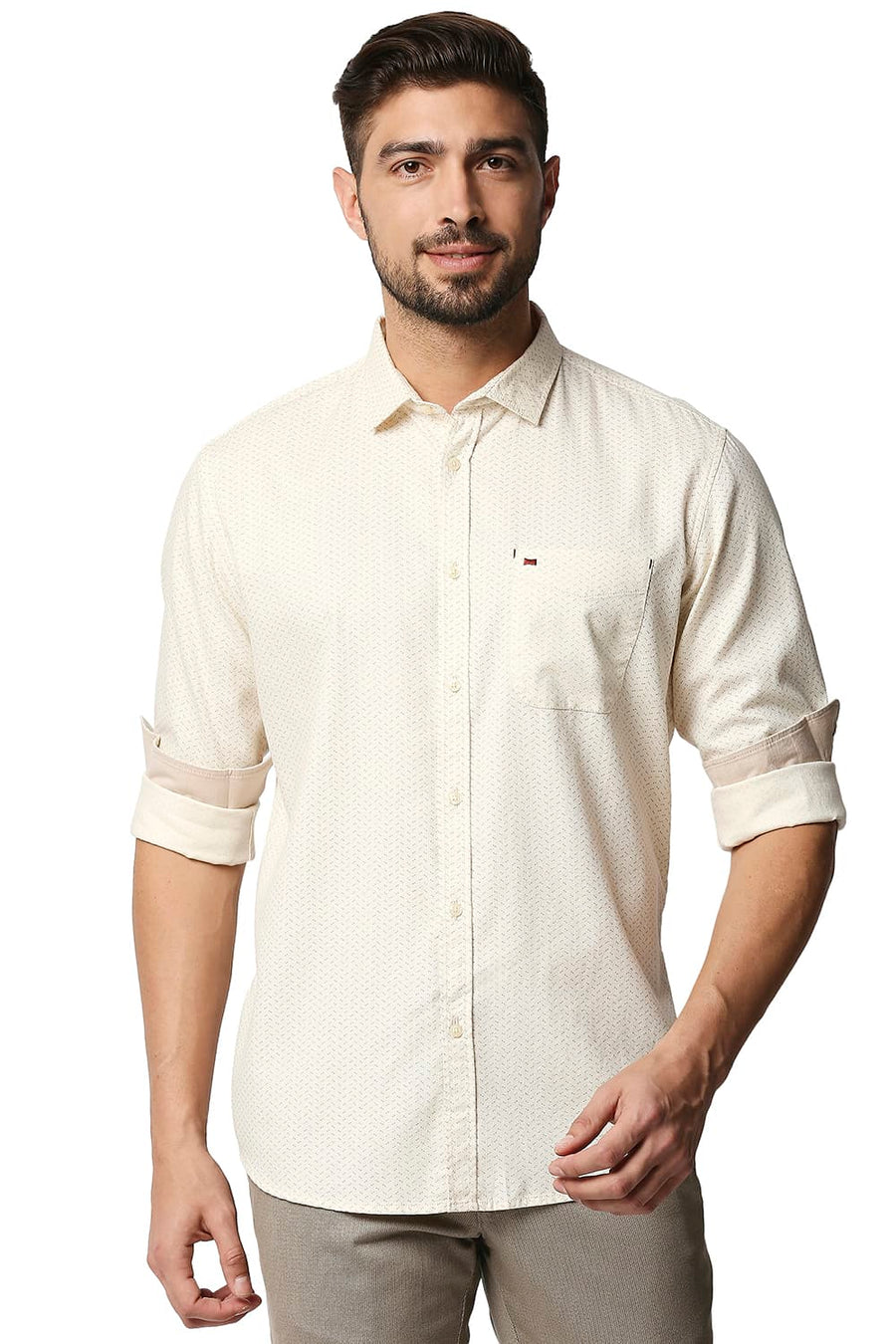 BASICS SLIM FIT CLOUD CREAM YELLOW DOBBY PRINTED SHIRT