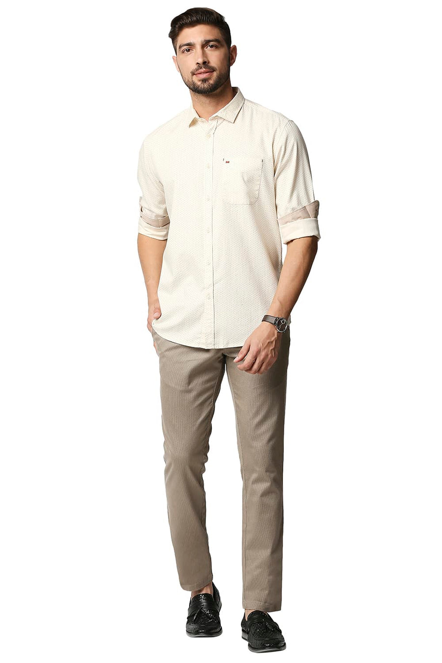 BASICS SLIM FIT CLOUD CREAM YELLOW DOBBY PRINTED SHIRT