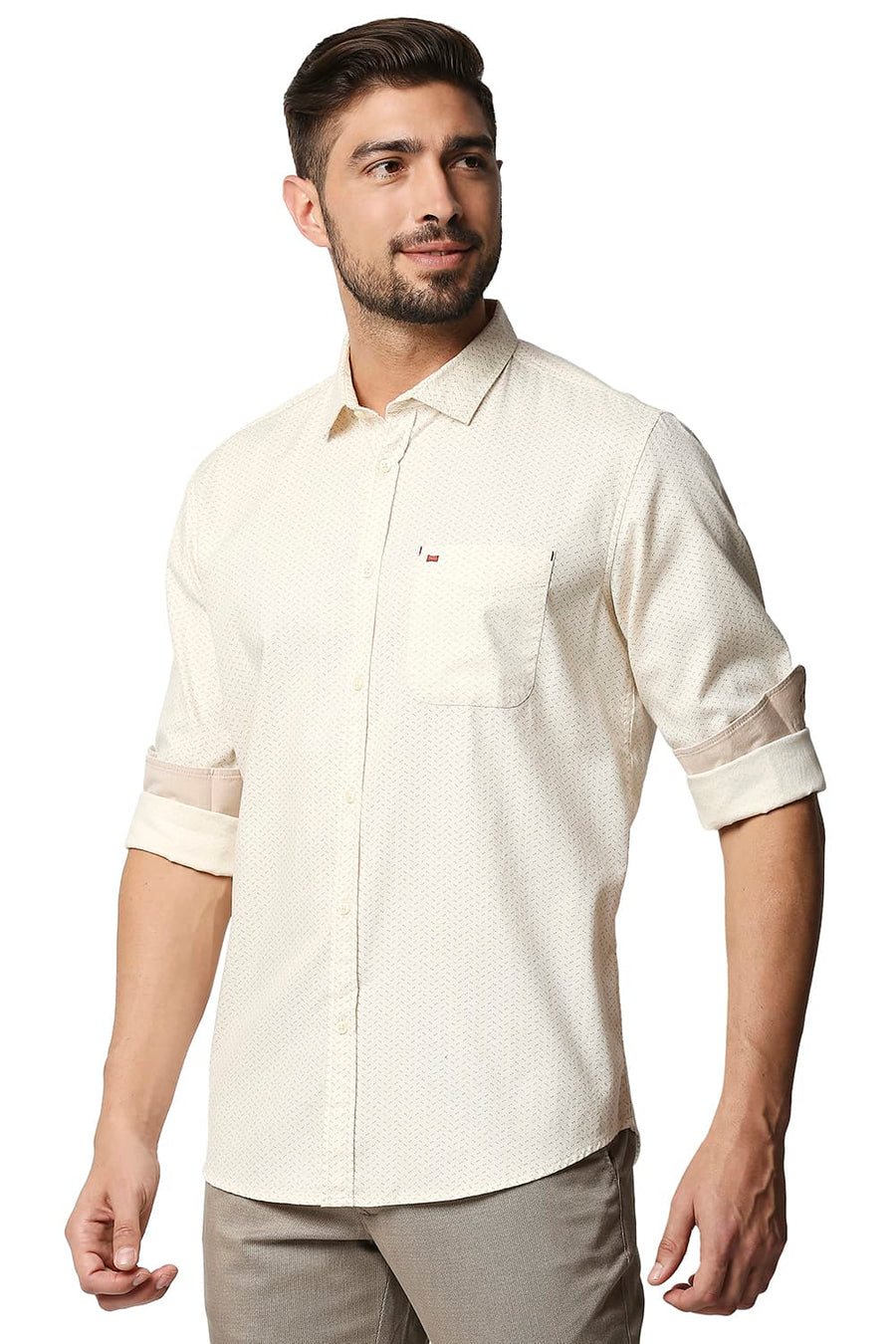 BASICS SLIM FIT CLOUD CREAM YELLOW DOBBY PRINTED SHIRT