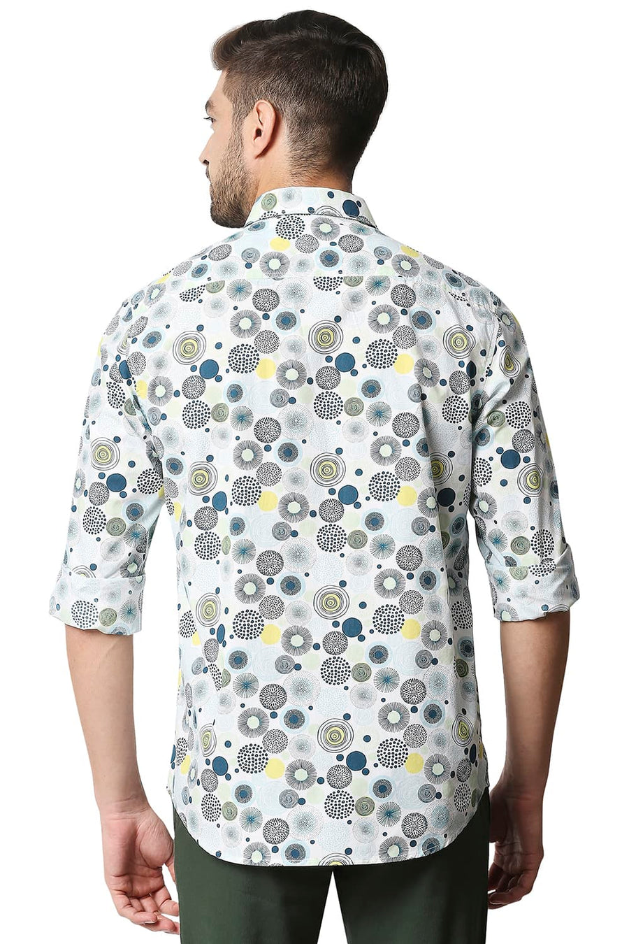 BASICS SLIM FIT LATIGO GREEN POPLIN PRINTED SHIRT